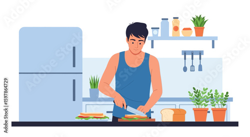 Man Preparing Healthy Lunch In Kitchen For Modern Lifestyle Concept