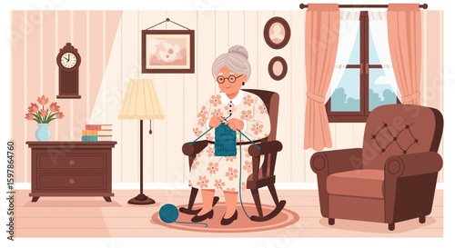 Grandmother Relaxing And Knitting In Her Cozy Living Room Vector Illustration