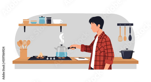 Man Preparing Tea In His Cozy Kitchen At Home During Free Time