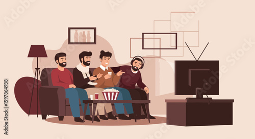 Group Of Friends Enjoying Movie Night At Home With Popcorn And Refreshments