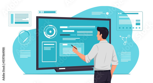 Man Presenting Data On Interactive Screen Explaining Business Growth Strategy
