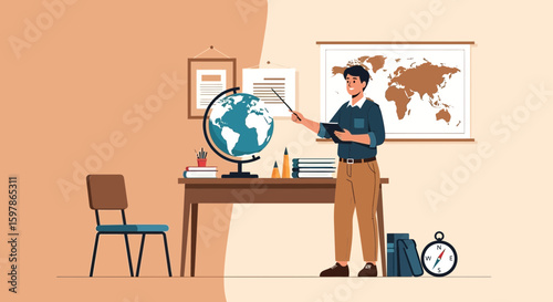 Engaging Geography Teacher Explaining Earth On Globe in Classroom Illustration
