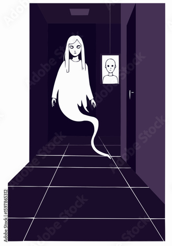 Ghostly figure appearing in dark corridor with portrait on the wall  