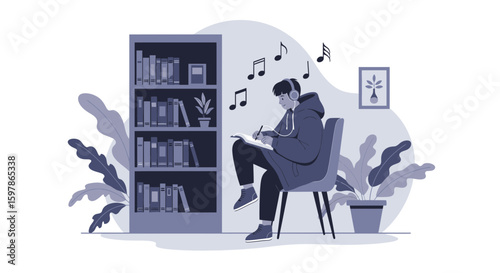 Creative Student Composing Lyrics Home With Headphones And Bookshelf Vector Design
