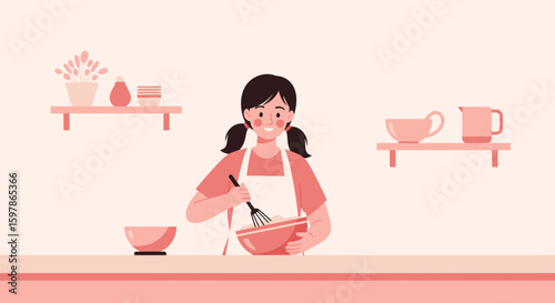 Happy Baker Mixing Ingredients In Kitchen Vector Illustration