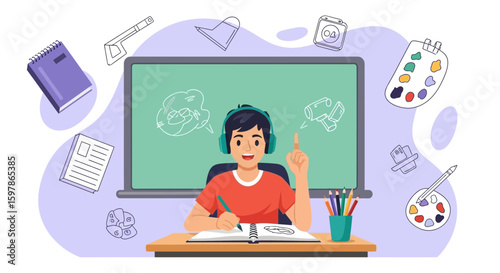 Creative Student Drawing Art Listening Music Education From Home Learning Concept