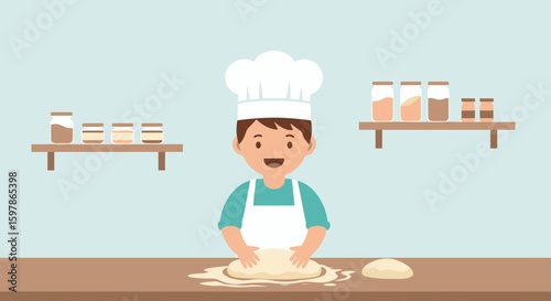 Happy Boy Chef Preparing Dough In The Kitchen Illustration Design
