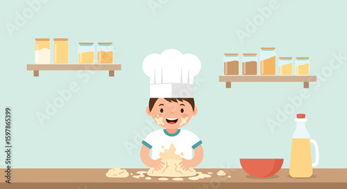 Happy Boy Chef Kneading Dough In Kitchen With Ingredients On Shelves