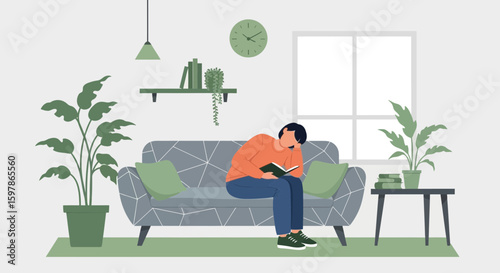Man Reading Relaxing On Sofa In Bright Home Interior During Daytime