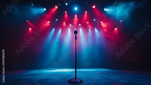 corporate event stage setup with spotlight and microphone, no people, ambitious tone, clean design elements, ultra-detailed, frontal angle