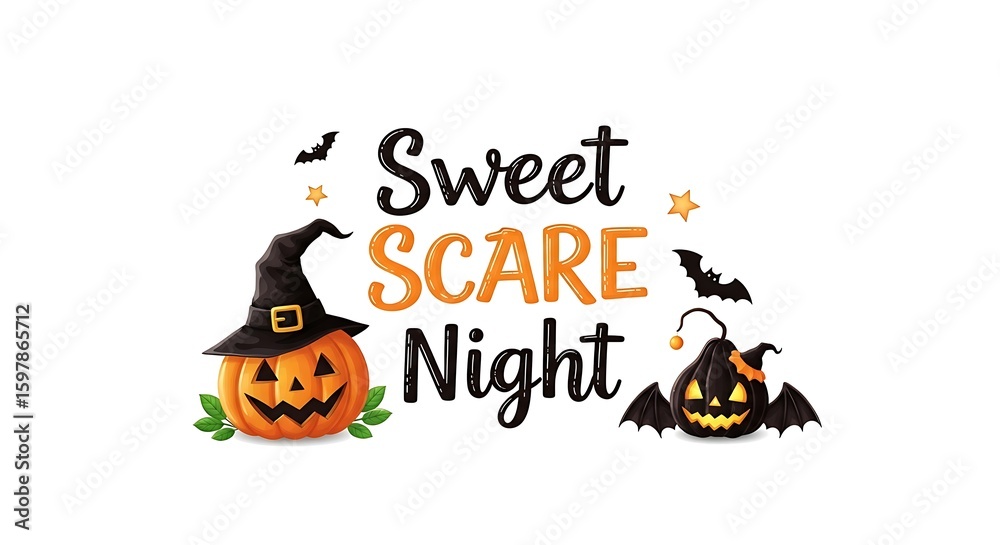 Sweet scare night halloween themed image with pumpkins bats and stars on a white background Sweet scare night halloween themed image with pumpkins bats and stars on a white background
