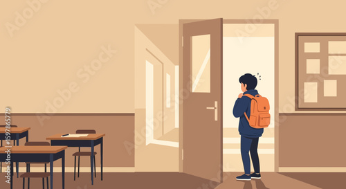 Boy With Backpack Leaving Classroom Through Open Door Heading To Hallway