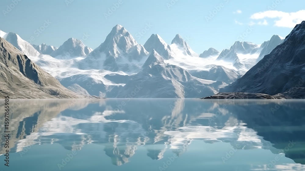 Fototapeta premium Serene mountain range reflection, majestic peaks and tranquil water scenery