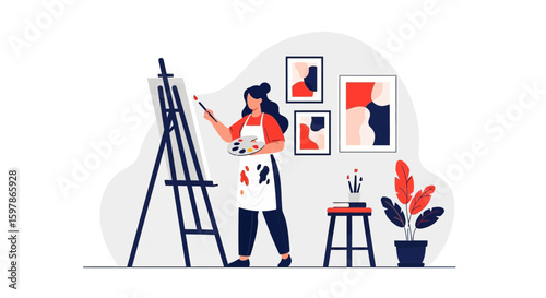 Creative Woman Painting On Canvas With Brush In Comfortable Art Studio