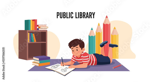 Creative Young Boy Drawing At The Public Library On The Floor Using Pencils