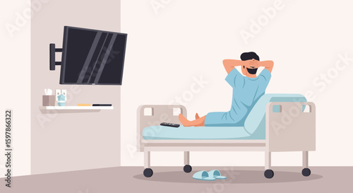 Man Relaxing In A Hospital Bed Watching Television During Recovery Process
