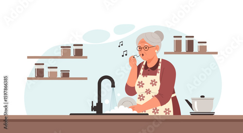 Happy Elderly Woman Washing Dishes And Singing In Her Kitchen At Home
