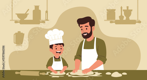 Happy Father And Son Baking Together In The Kitchen Illustration
