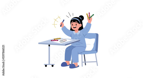 Enthusiastic Girl Celebrating Completing Her Drawing With Crayons And A Big Smile