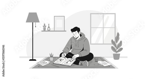 Creative Young Man Engaged In Artistic Endeavor At Home In A Cozy Setting