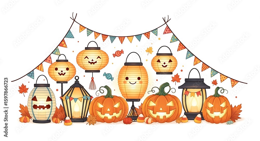 Fototapeta premium Illustration of halloween decorations with lanterns pumpkins candies and a colorful banner on white
