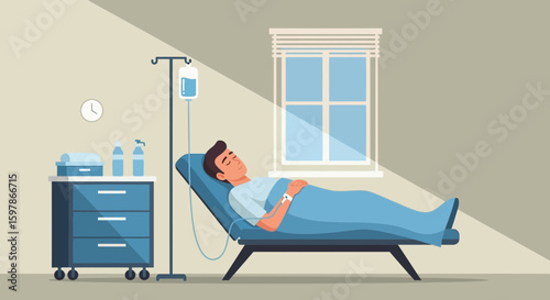 Man Resting On A Hospital Bed During Therapy With Iv Drip Illustration