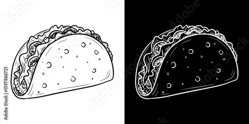 Isolated vector image of a taco, hand-drawn image in two design variants - on transparent and black background, chalk drawing
