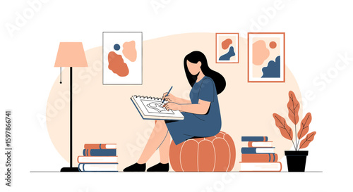 Creative Young Woman Drawing In Her Living Room In A Relaxed Atmosphere