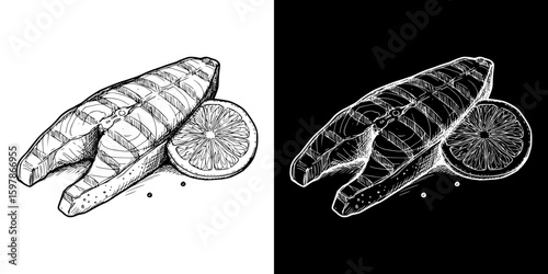 Isolated vector image of grilled fish with lemon, hand-drawn image in two design variants - on transparent and black background, chalk drawing
