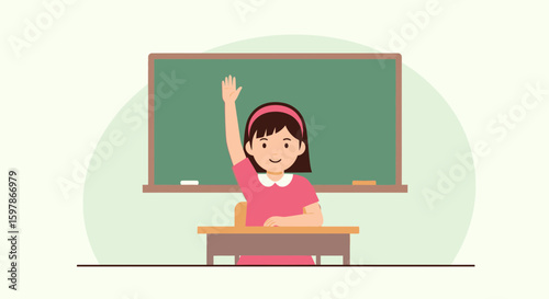 Enthusiastic Student Raising Her Hand In Classroom Ready To Answer Question
