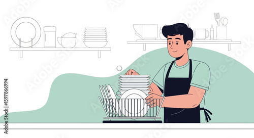 Happy Man Doing Dishes In Kitchen With Clean Plates And Utensils