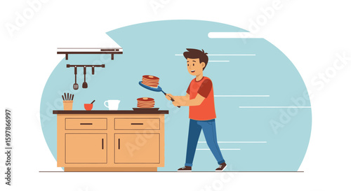 Happy Man Making Delicious Pancakes In The Kitchen With Cooking Equipment
