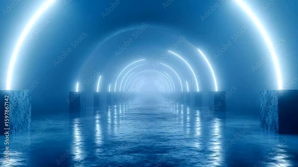 Abstract blue glowing neon light tunnel with reflection for futuristic concept