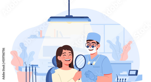 Happy Patient Admiring Smile After Dental Treatment In Modern Clinic