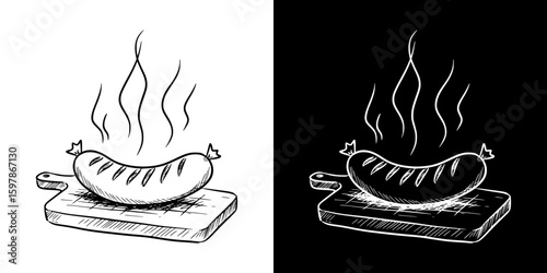 Grilled sausage on cutting board with steam illustrated in chalk style, isolated hand-drawn vector image in two design variants - on transparent and black background, chalk drawing
