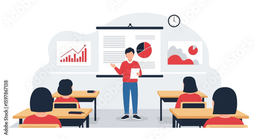 Business Presentation With Statistical Charts To a Group Of Students In a Classroom