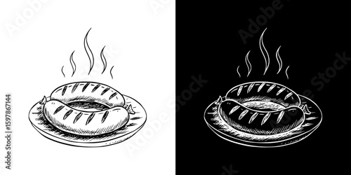 Isolated vector image of grilled sausages on a plate in chalk drawing style, hand-drawn image in two design variants - on transparent and black background