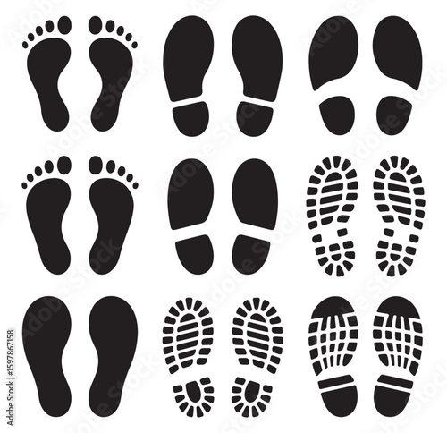 Footprint and Shoe Print Silhouettes Set – Vector Icons of Bare Feet and Soles Collection
