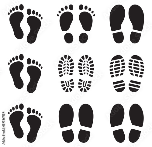 Footprint and Shoe Print Silhouettes Set – Vector Icons of Bare Feet and Soles Collection