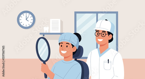 Happy Patient Checking Smile With Handheld Mirror After Dental Procedure