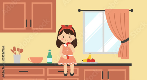 Cute Girl Sitting on Kitchen Counter Enjoying Fresh Fruits and a Drink