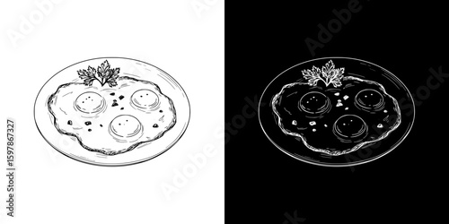 Isolated vector image of a breakfast plate with three eggs and parsley, hand-drawn image in two design variants - on transparent and black background, chalk drawing
