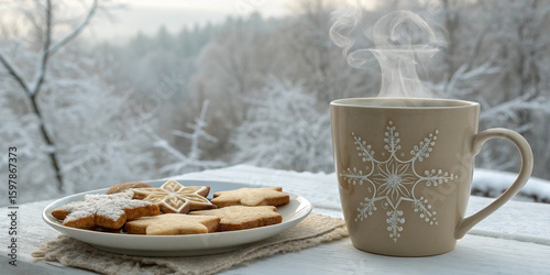 Cozy Winter Coffee Mug with Snowflake Design and Star Cookies