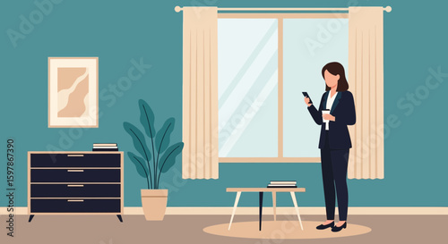 Businesswoman Using Smartphone In Modern Apartment During Coffee Break Interior