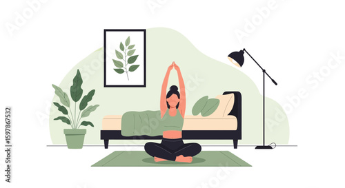 Calm Morning Yoga Routine in Bedroom Vector Illustration Healthy Lifestyle