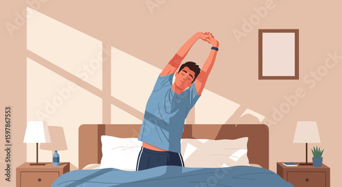 Man Stretching Arms Upwards After Waking Up in The Morning