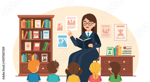 Enthusiastic Teacher Educating Young Students In Library Classroom Story Time