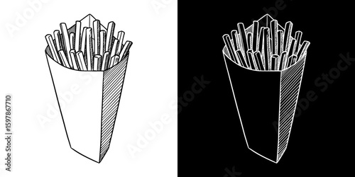 Isolated vector image of french fries, hand-drawn image in two design variants - on transparent and black background, chalk drawing
