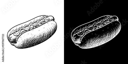 Hot dog illustration in chalk drawing style, isolated hand-drawn vector image in two design variants - on transparent and black background