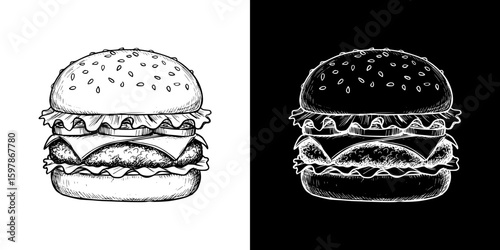 Chalk drawing of hamburger, isolated hand-drawn vector image in two design variants - on transparent and black background
